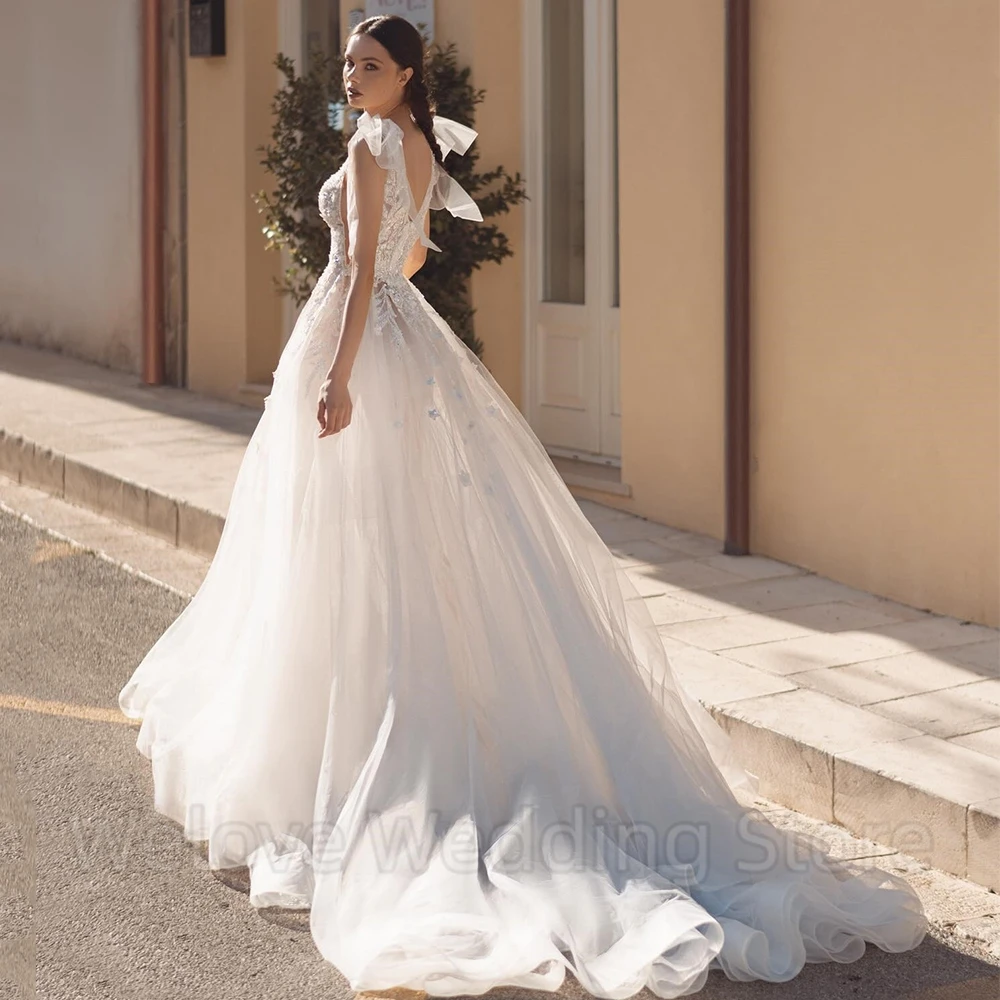 Exquisite Princess Wedding Dress Tulle V-Neck Sleeveless A-Line Applique with Bow Bridal Backless Sweep Train Gowns Robe