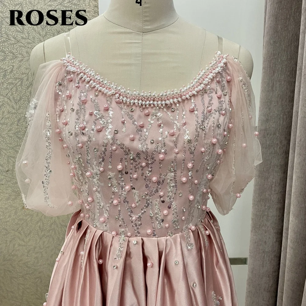 ROSES Pink Elegant Off The Shoulder Evening Dresses for Woman Shiny Sequins Prom Dress with Pearl Sexy Lace High Slit Ball Gown