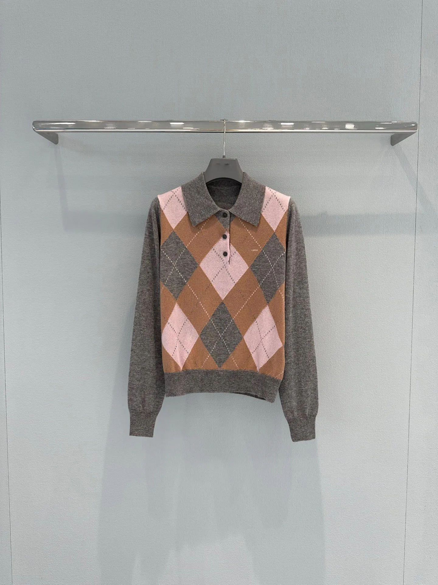 Vintage British Argyle Knit Top Women Polo Collar Colorblock Early Autumn Commute Sweater