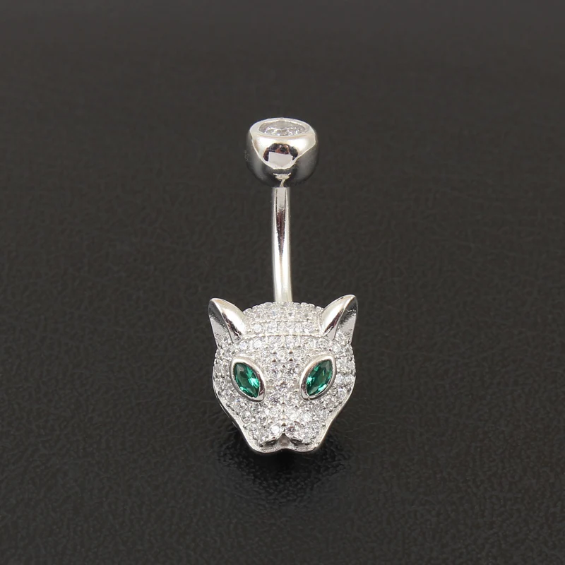 Belly Button Ring Real 925 Sterling Silver Leopard Head Body Jewelry S925 Zircon Clear Prevent Allergy Nickel Free Body Piercing