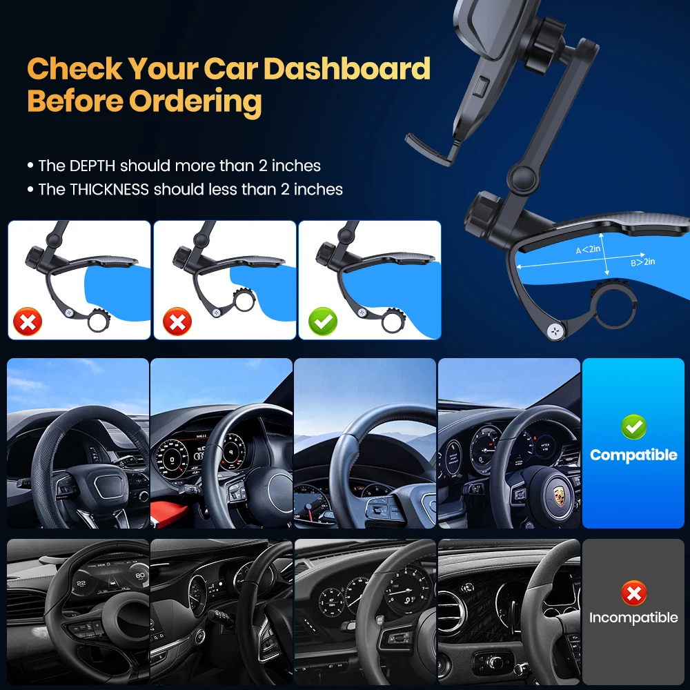 TOPK Car Dashboard Mobile Phone Holder 360 Degree Rotation Universal Dash Clip Cellphone Mount for 4-7 inch Smartphones