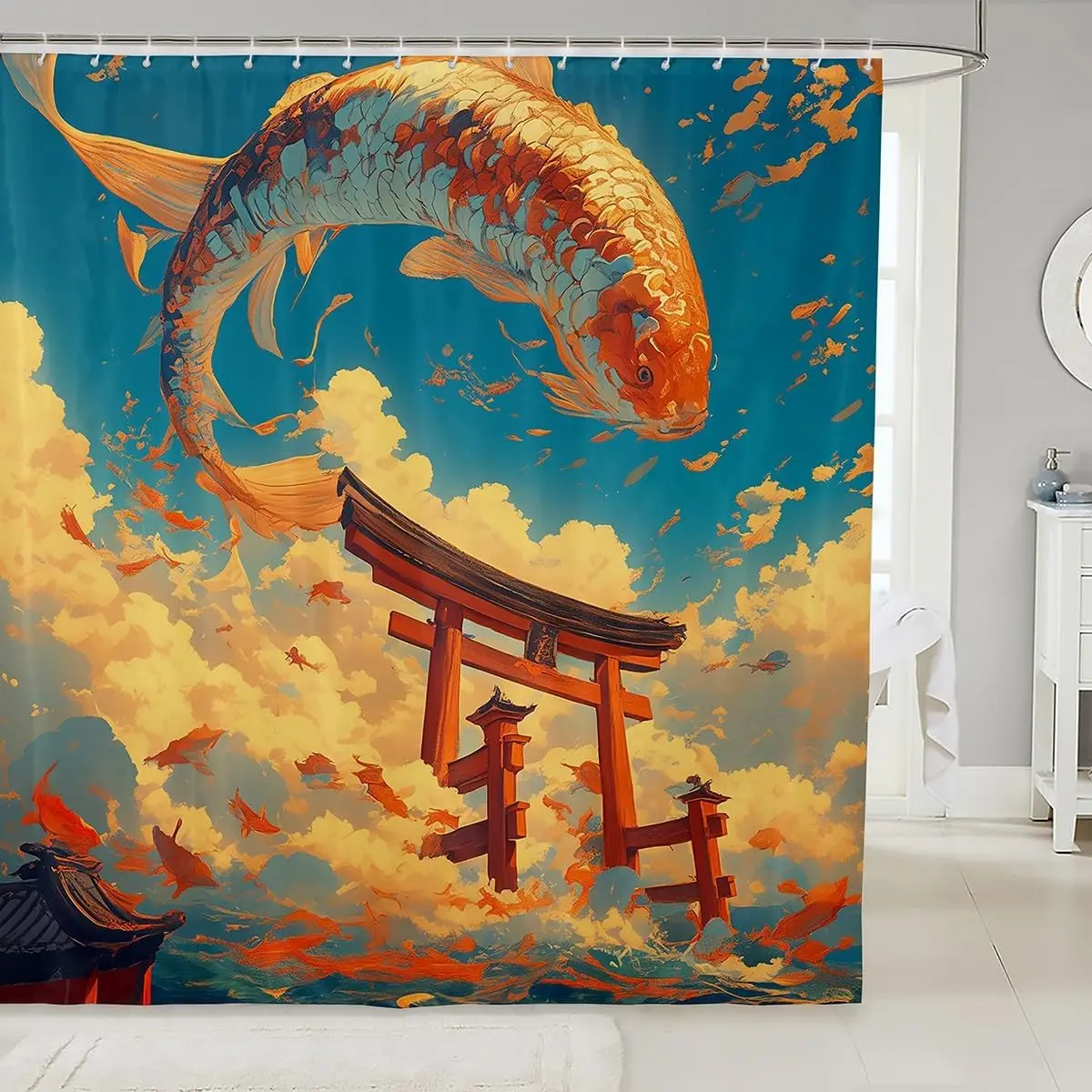 

180x180cm Feelyou Koi Fish Japanese Torii Gate Sky Art Shower Curtain Oriental Style Bathroom Design