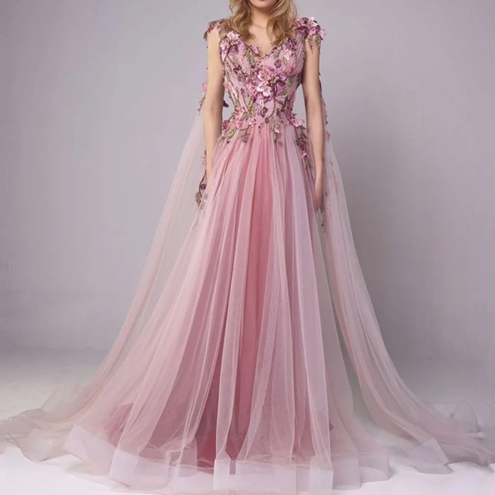 New Arrival Pink Women Prom Dresses O-Neck Floor Length A-Line Flowers Appliques Classy Female Banquet Evening Party Giwns