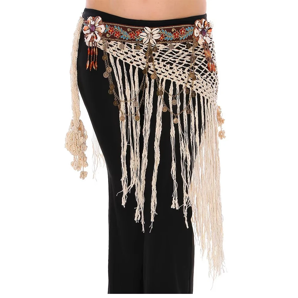 Cinto Tribal Crochet com Corrente de Ouro Ajustável Conchas de Dança do Ventre Profissional, Moedas Cinto para Dança Cigana Tassel Triângulo Hip Scarf