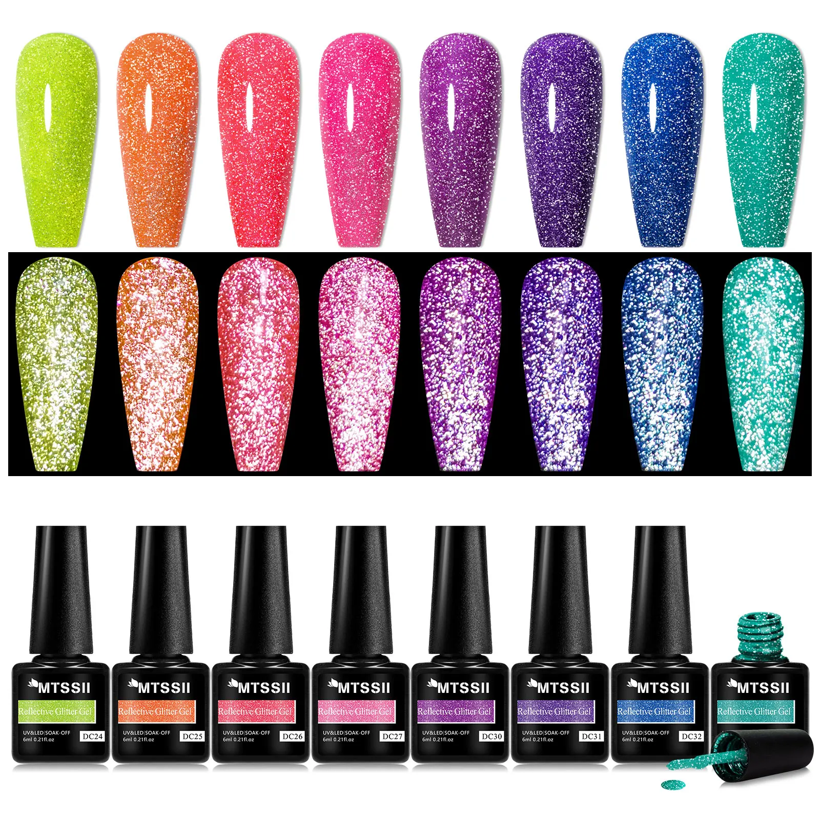 8 ชิ้น/เซ็ตสีดําสะท้อนแสงเล็บเจลชุดแชมเปญประกายเจลเคลือบเงากึ่งถาวร UV GEL Soak Off ชุดเคลือบเงา