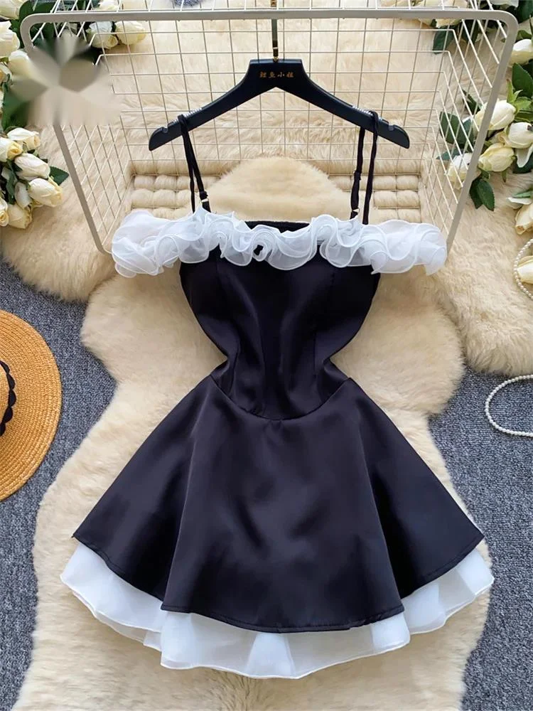 Ruffle Satin Mini Dress Female Summer Color Block Off Shoulder Shirred Slim Puffy A-line Senior Birthday Party Dress