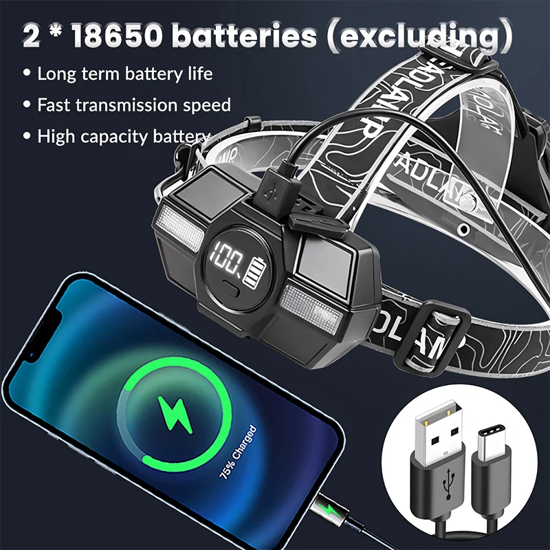 2025 مصباح أمامي قوي قوي عالي الطاقة قابل لإعادة الشحن LED كشافات مصباح يدوي طويل المدى 3500 متر رئيس الشعلة التخييم الصيد