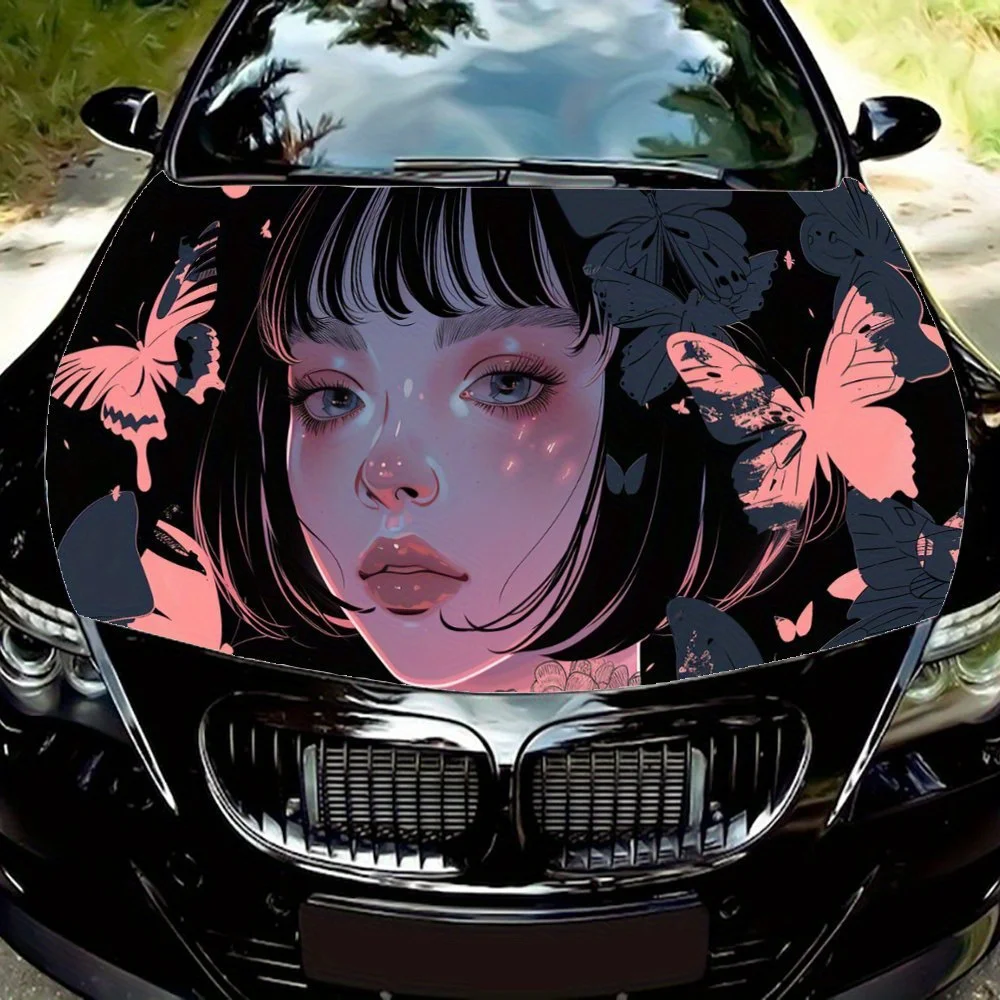 

Enigmatic Pink and Black Butterfly Girl Car Hood Wrap Color Vinyl Sticker Truck Graphic Bonnet Auto Accessories Decor Decal Gift