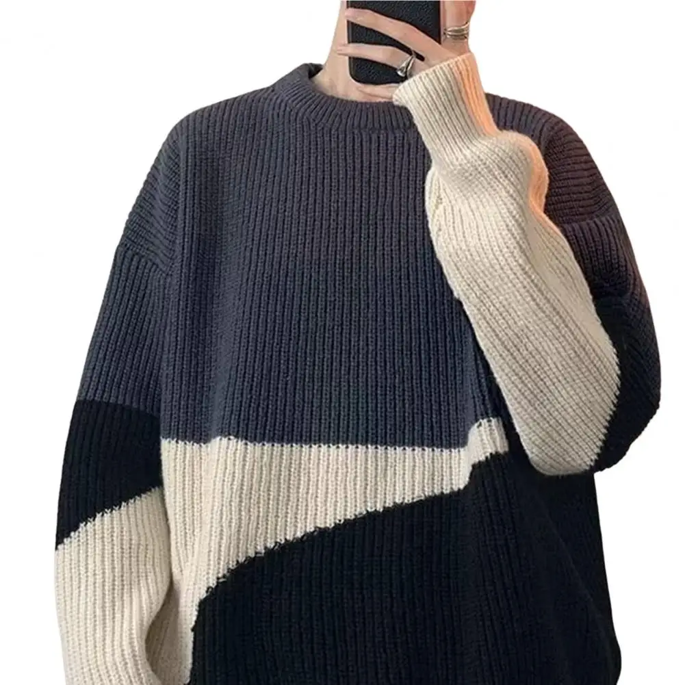 Male Sweater Contrast Color Soft Cold Resistant Winter Thermal Casual Pullover Sweater   Casual Sweater  for Shopping