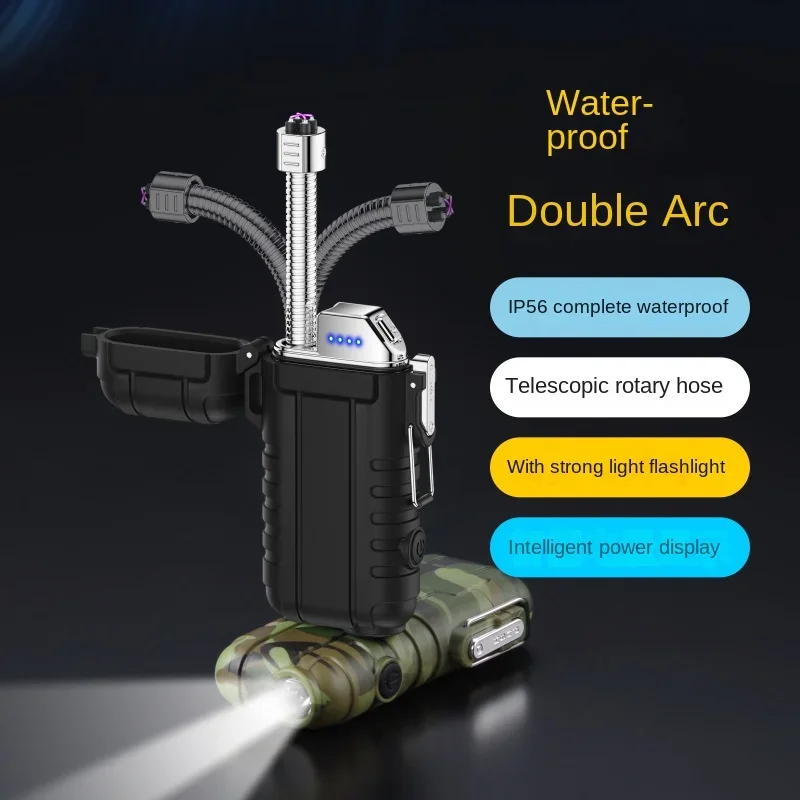 Outdoor Waterproof Rechargeable Cigarette Lighter Retractable 360° Rotating Hose Type-C Rechargeable Lighter with Camping Lights