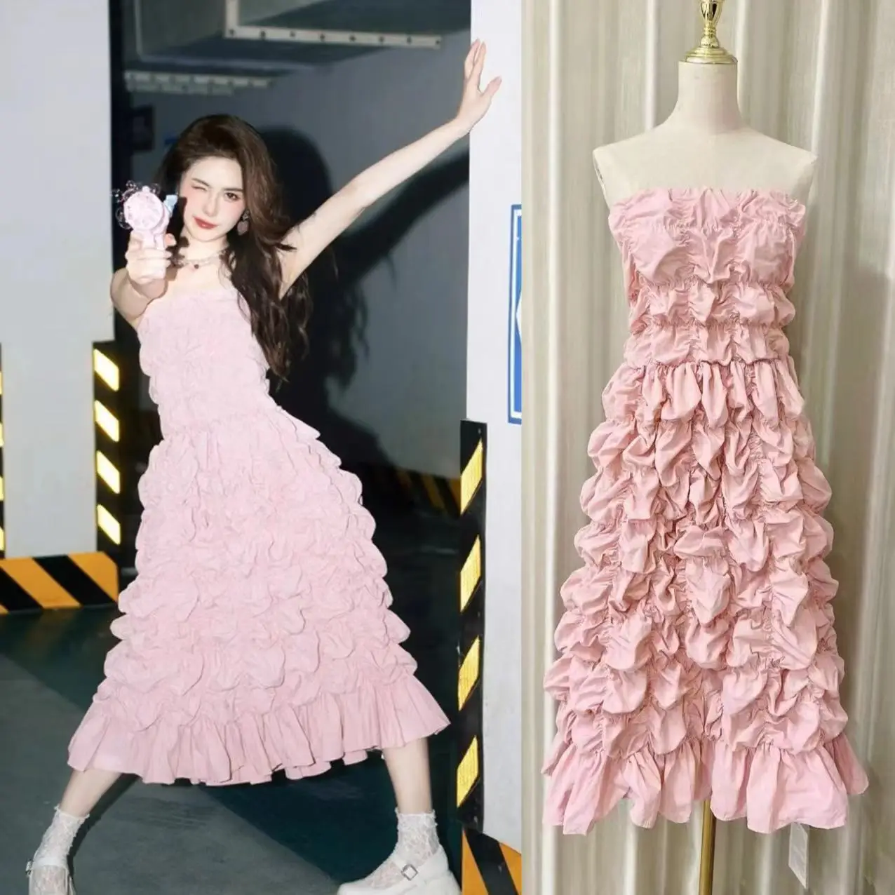 Sexy Fashion Autumn Pink Strapless Prom Party Bubble Midi Dress For Women Sleeveless Off Shoulder Blackless Cake Evening Clothes