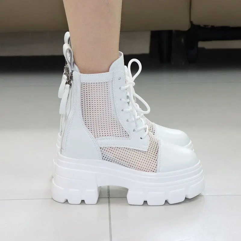 

New 7CM Air Mesh Synthetic Microfiber Sneakers Leather Women Shoes Hollow Casual Breathable Summer Platform Wedge High Brand