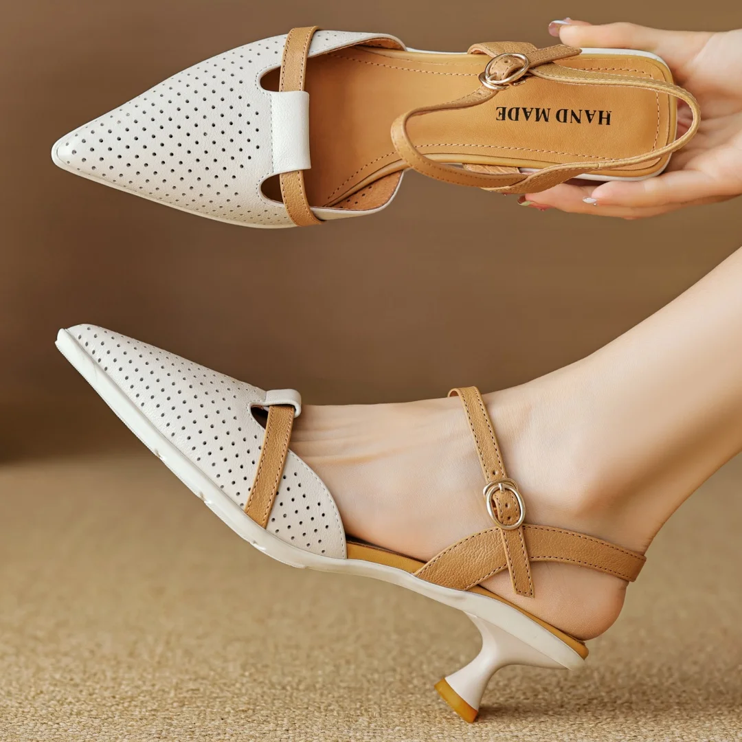 Women's cow leather mix color patchwork pointed toe ankle strap kitten heel sandals elegant ladies daily dress pumps shoes woman