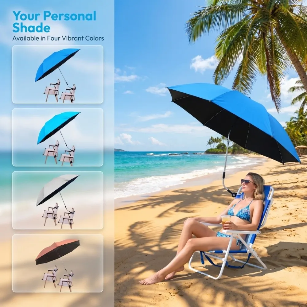 

Adjustable 360° Clamp-on Umbrella UV black vinyl coating Portable Beach Chair Umbrella Large Lightweight Camping Chair Umbrellas