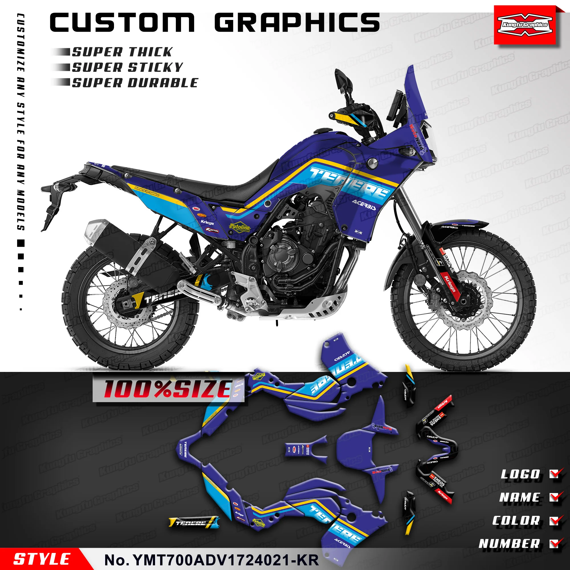 

Самоклеящиеся наклейки KUNGFU GRAPHICS для Yamaha Tenere 700 T700 T7 2017 2018 2019 2020 2021 2022 23 24, YMT700ADV1724021-KR