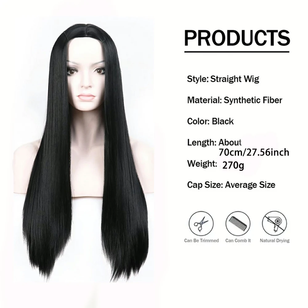 Wig sintetis hitam halus panjang 70cm, wig sintetik lurus tulang halus dengan bagian tengah poni tanpa lem siap pakai untuk wanita