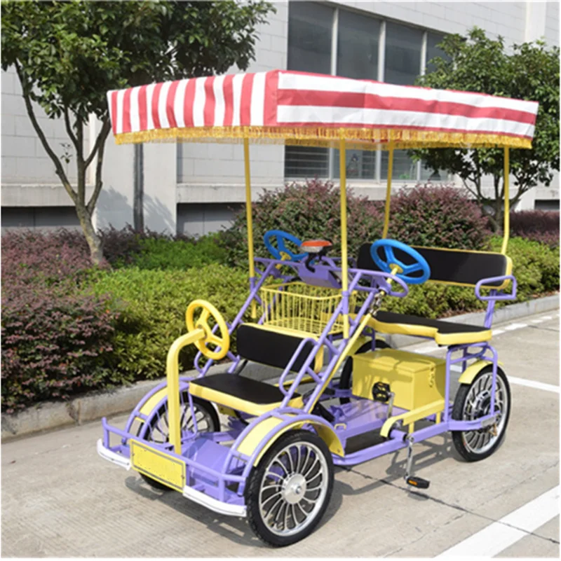 Single Row Pedaal & Elektrische Fiets Tweezits Toeristische Surrey Fiets Vierwieler Fietsen met Shadow 48V Sightseeing Auto