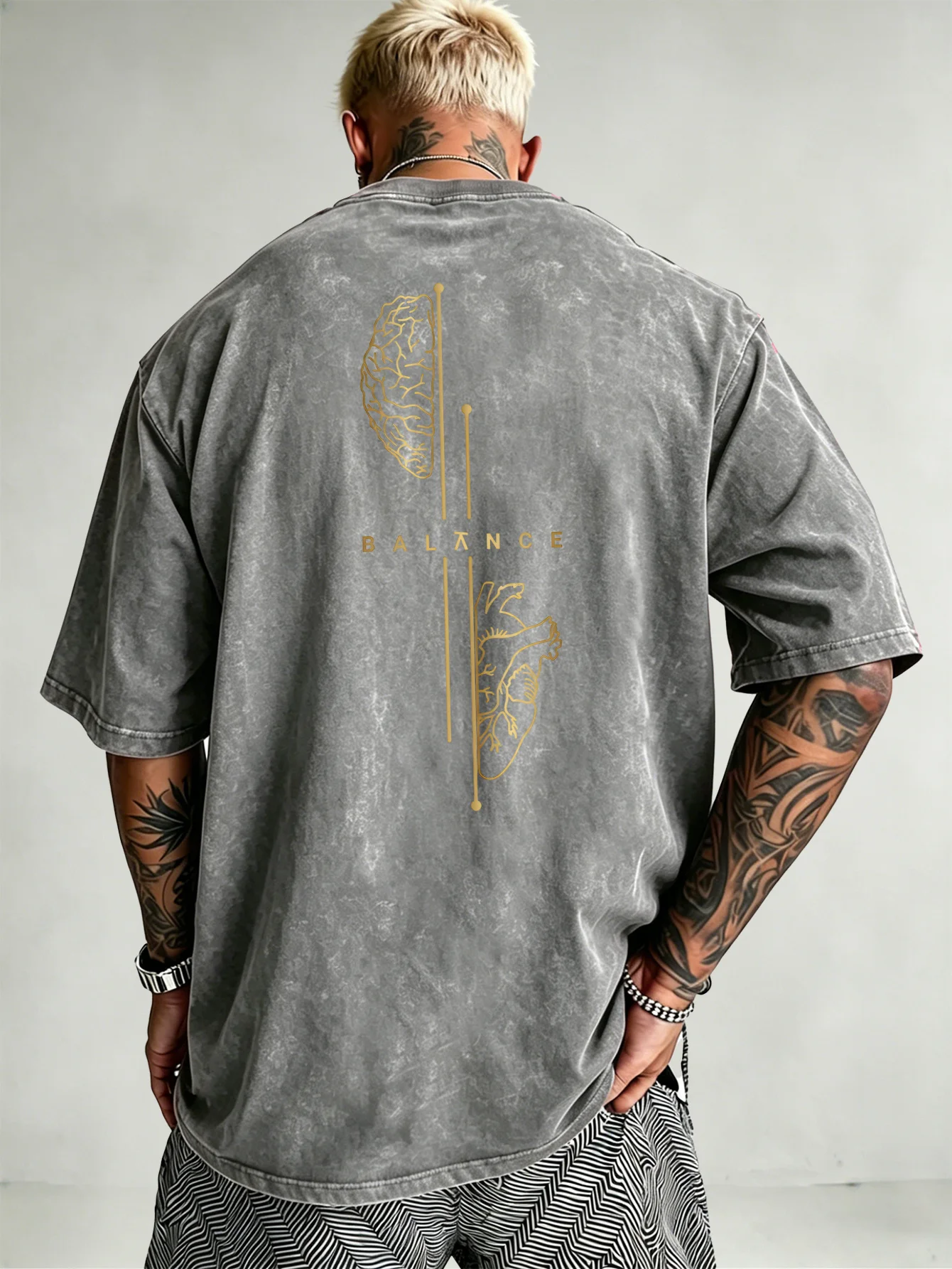 Men's Heavyweight Mind Balance T-shirt Vintage Acid Wash High Street Hip Hop Breathable Cotton Gym Training Short Sleeve S-3XL