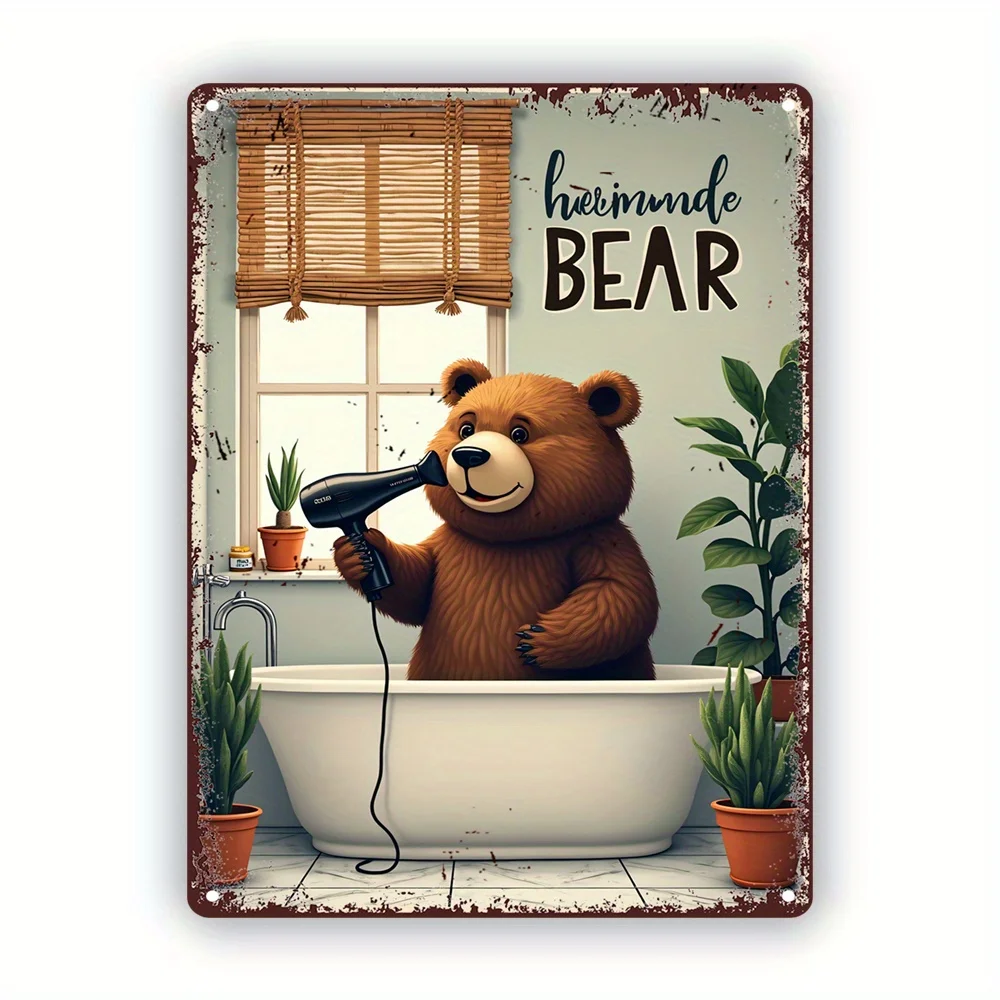 Chic Vintage Bear Hairdryer Metal Sign - Perfect for Bathroom, Living Room, Bedroom, or Office Decor, es