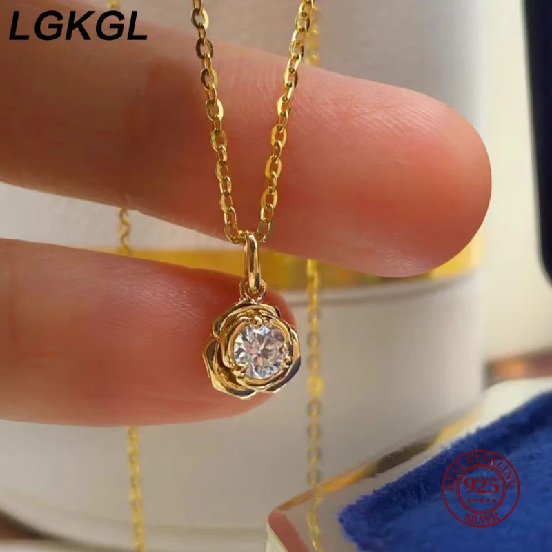 LGKGL New S925 sterling silver rose necklace for women plated 18K gold temperament high-grade design sense diamond flower