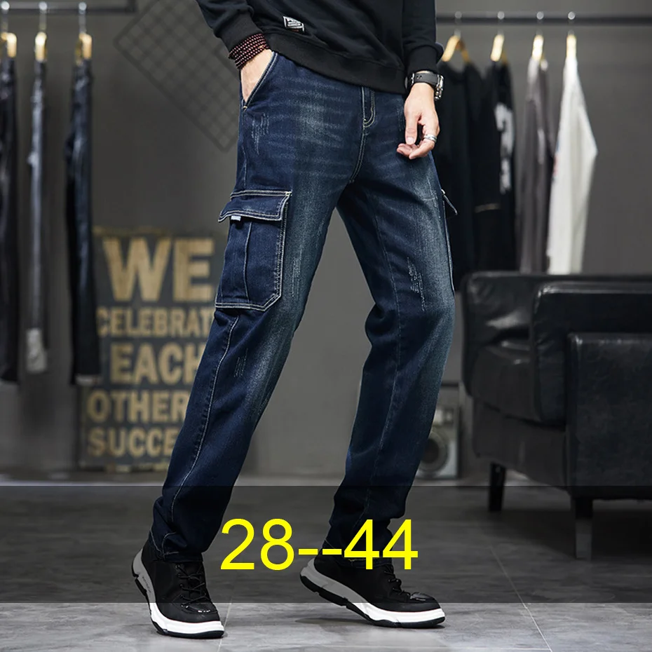 Denim Pants Men 44 Plus Size Jeans Fashion Casual Multiple Pockets Cargo Jeans Male Baggy Jeans Big Size