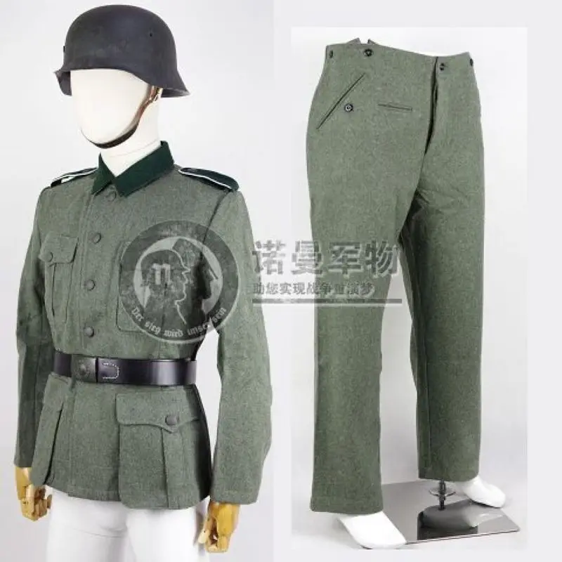 Reproduction Cosplay German WH M36 Fieldgrey Wool Feldbluse Field Blouse Tunic with Shoulder Straps and Trouser Pants Nordland