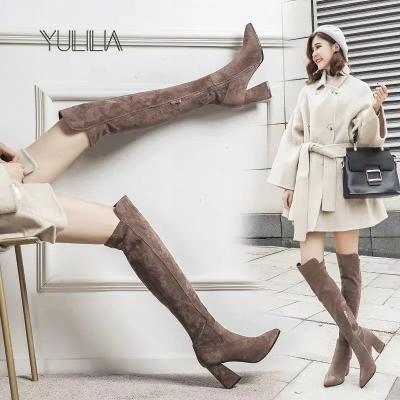 

YULILIA Sexy Fashion Nightclub Party Wedding Office Queen Woman Pointed High Heel Over Knee Boots Suede Stretch High Boots