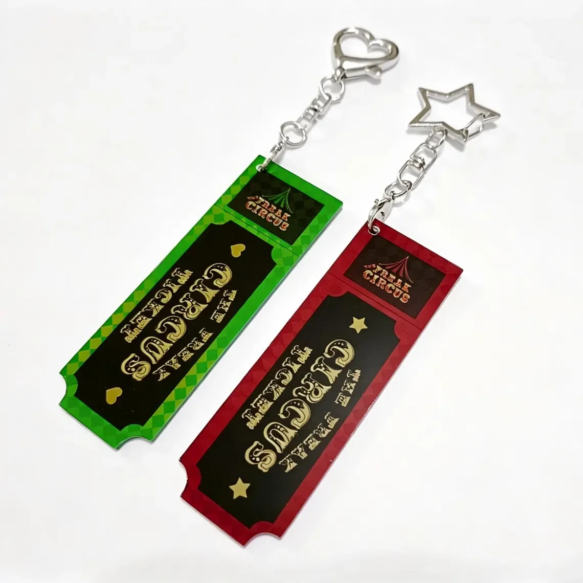 Anime Bizarre Circus Themed Acrylic Keychain Red And Green Ticket Design for Fans
