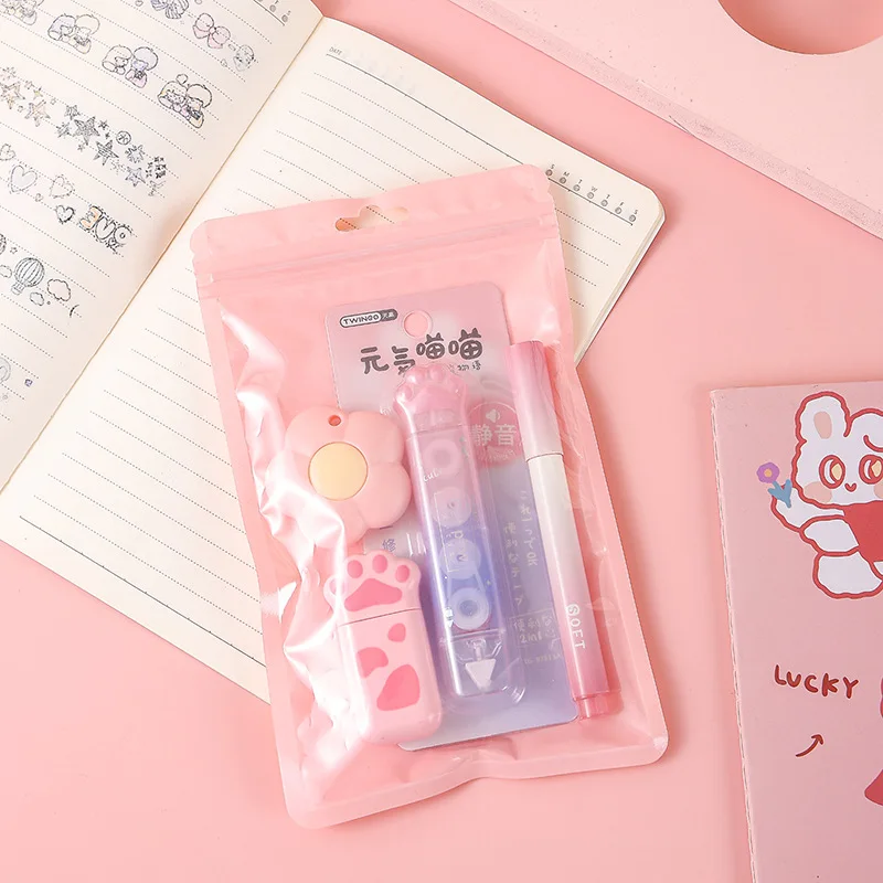 Creatived Cute Cat Paw gradient stationery set 4/7 in 1 knife, correction tape, eraser stationery set, student office supplies