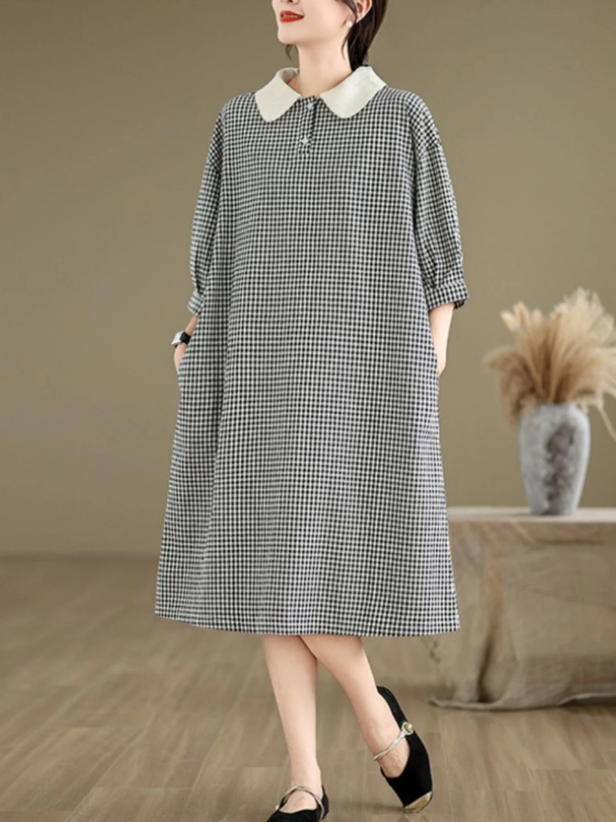 Verão casual xadrez algodão lin dr gola do bebê solto midi saia de emagrecimento cintura alta oulder casual irt sle saia linha a