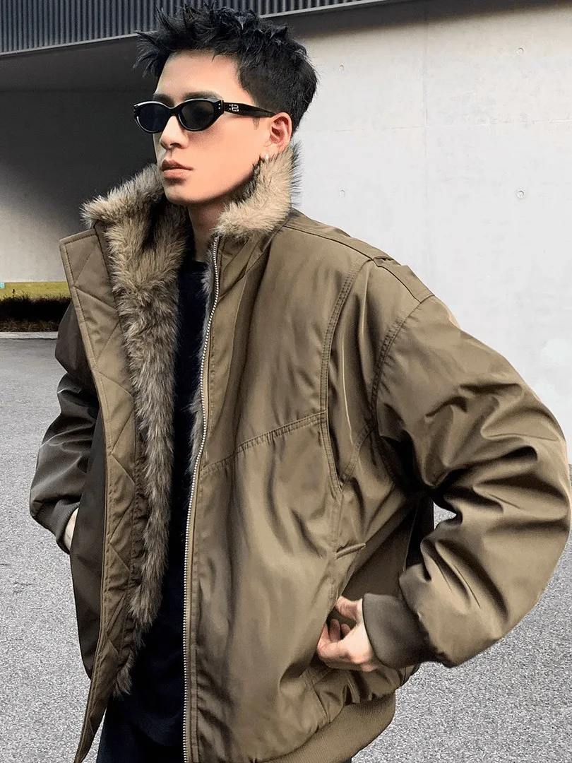 

Retro American Deconstructed Jacket Thickened Warm Fur Collar Versatile High-End Cotton Sandwich Coat for Teenage Casual Wear