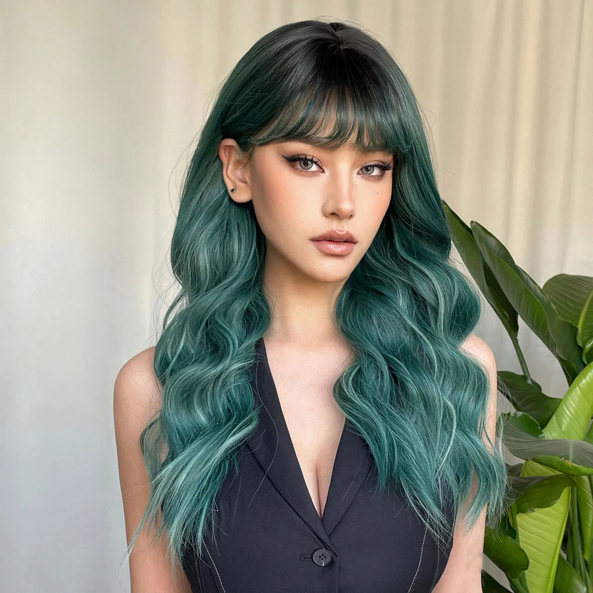 Long Curly Wavy Forest Green Synthetic Wigs with Bangs Cosplay for Women Afro Wave Deep Green Party Halloween Wig Heat Reisitant