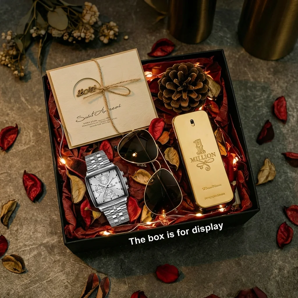 4pcs Men's Silver Stainless Steel Modern Chronograph Sub-dials Sunglasses Perfume Quartz Watch Gift Box Set Birthday Anniversary