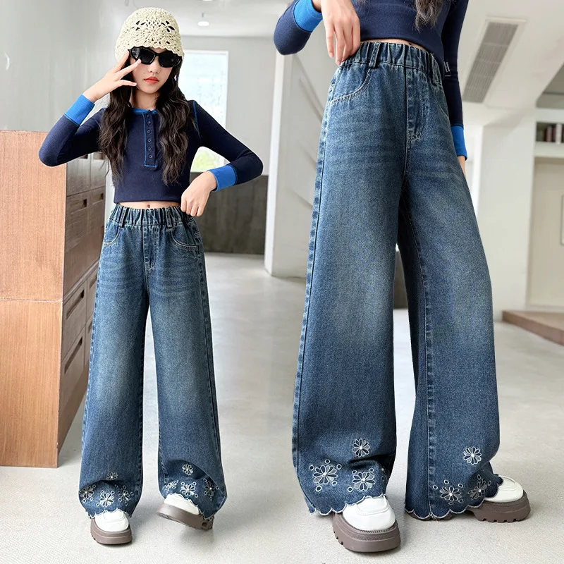 

Джинсы для девочек, весна-осень, новая мода, детские джинсы с жемчужным цветком для подростков, прямые свободные кружевные широкие джинсовые брюки с жемчужным цветком