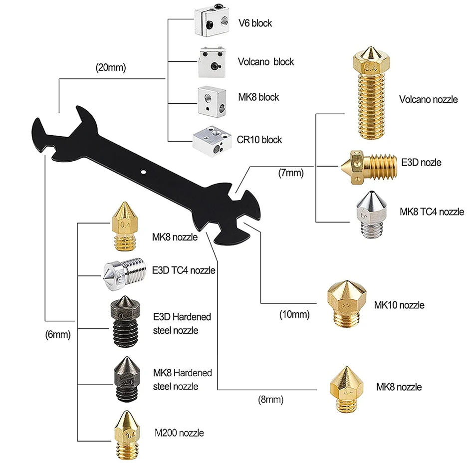 3D Printer Multi-Function Cross Wrench Replacement Install Tool for MK8 MK10 Extruder Nozzle Heater Block Copper Wire Toothbrush