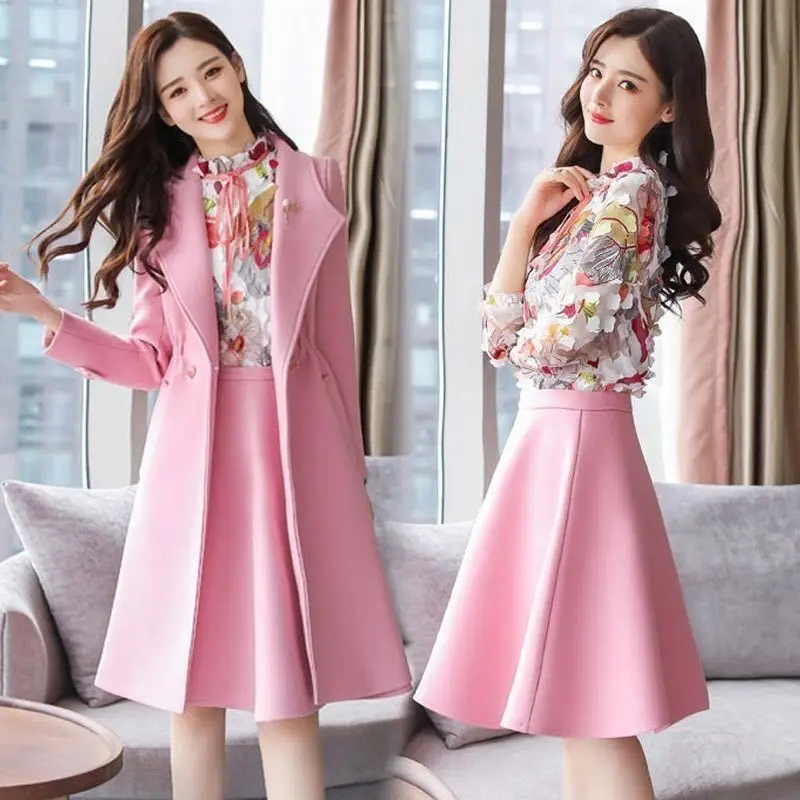 Vintage Printed Patchwork Chiffon Dress Thickened High Wool Long Jacket Windbreaker Two Piece Elegant Women\'s Pants Set Outfits