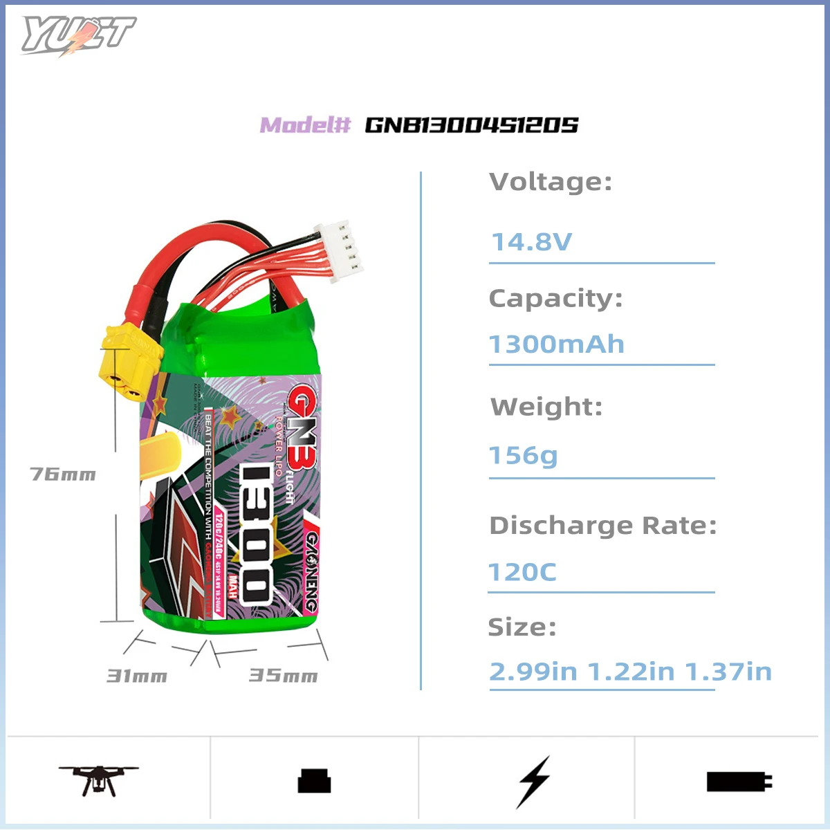 YUCT GNB 6S LiPo Batterie 22,2 V 1100 mAh 1300 mah 14,8 V 4S LIthium Batterie XT60 120C/Max240C Für FPV Drone Quadcopter Tiny Whoop