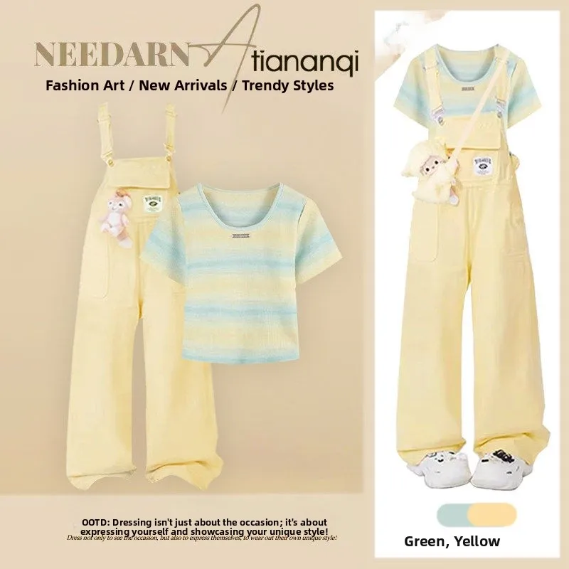 

Summer Korean Style Short Sleeve T-Shirt Top And Denim Overalls Two-Piece Set Casual Slimming Fashion Ensemble for Women