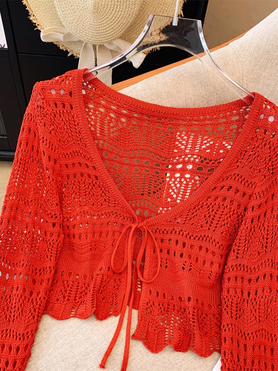 Women's Ice Silk Hollow out Knitted Cardigan Summer Sle with Strap Vest Outerwear Fiing Net Cover up Sun Protection ort...