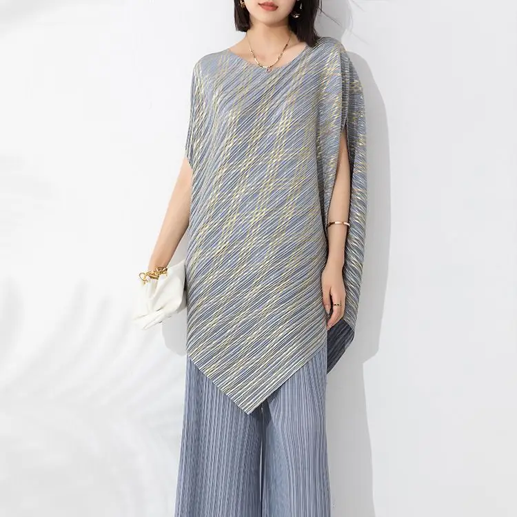 Miyake Pleated Bat Sleeve Irregular Pullover Top High Fashion Women's Round Neck Slanted Loose Top+Wide Leg Pants Bronzing Set