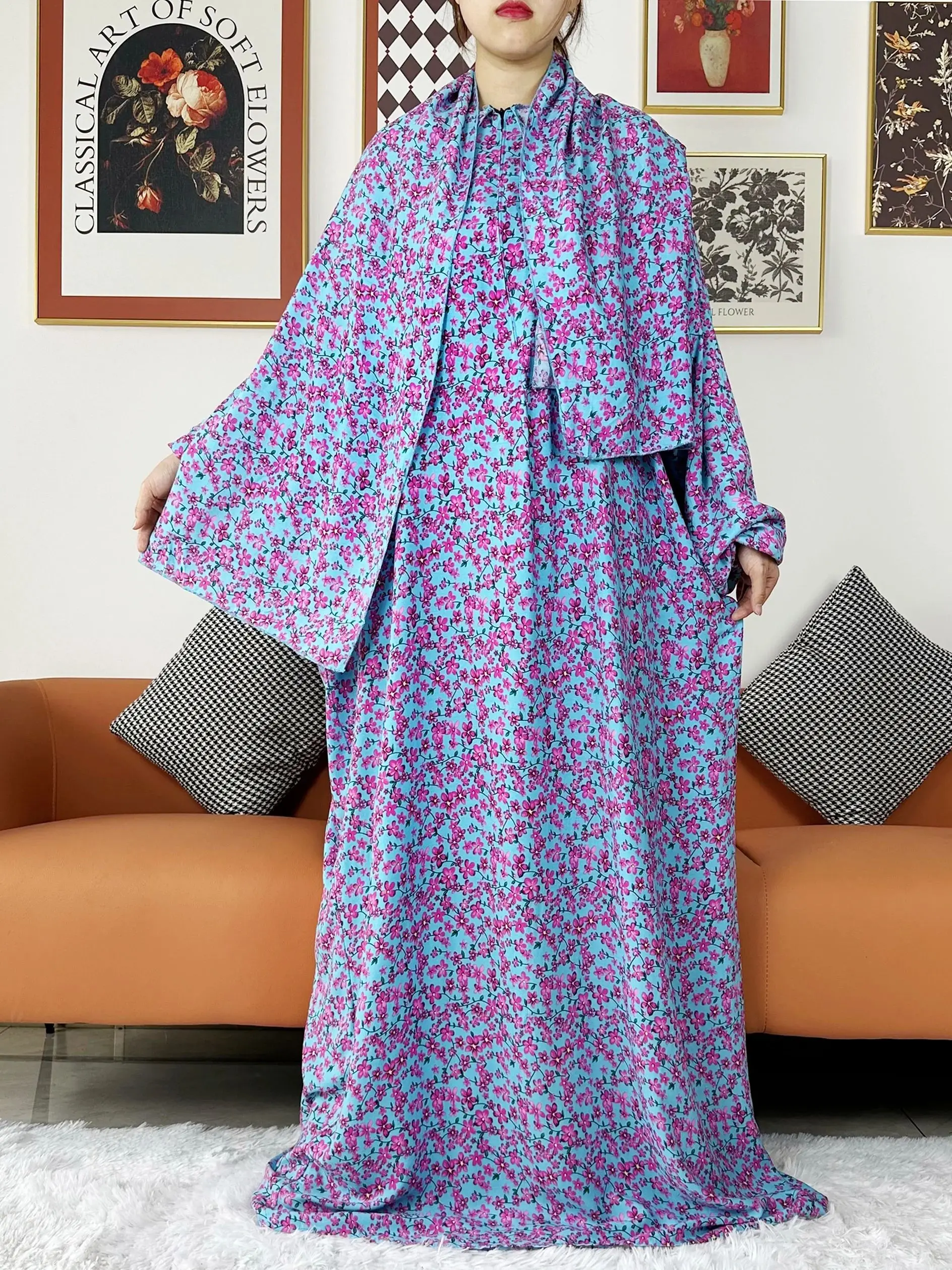 Últimas Abayas musulmanas para mujeres Ramadán oración Maxi Dubai Turquía Mujer bata de algodón Floral suelto vestido africano turbante adjunto