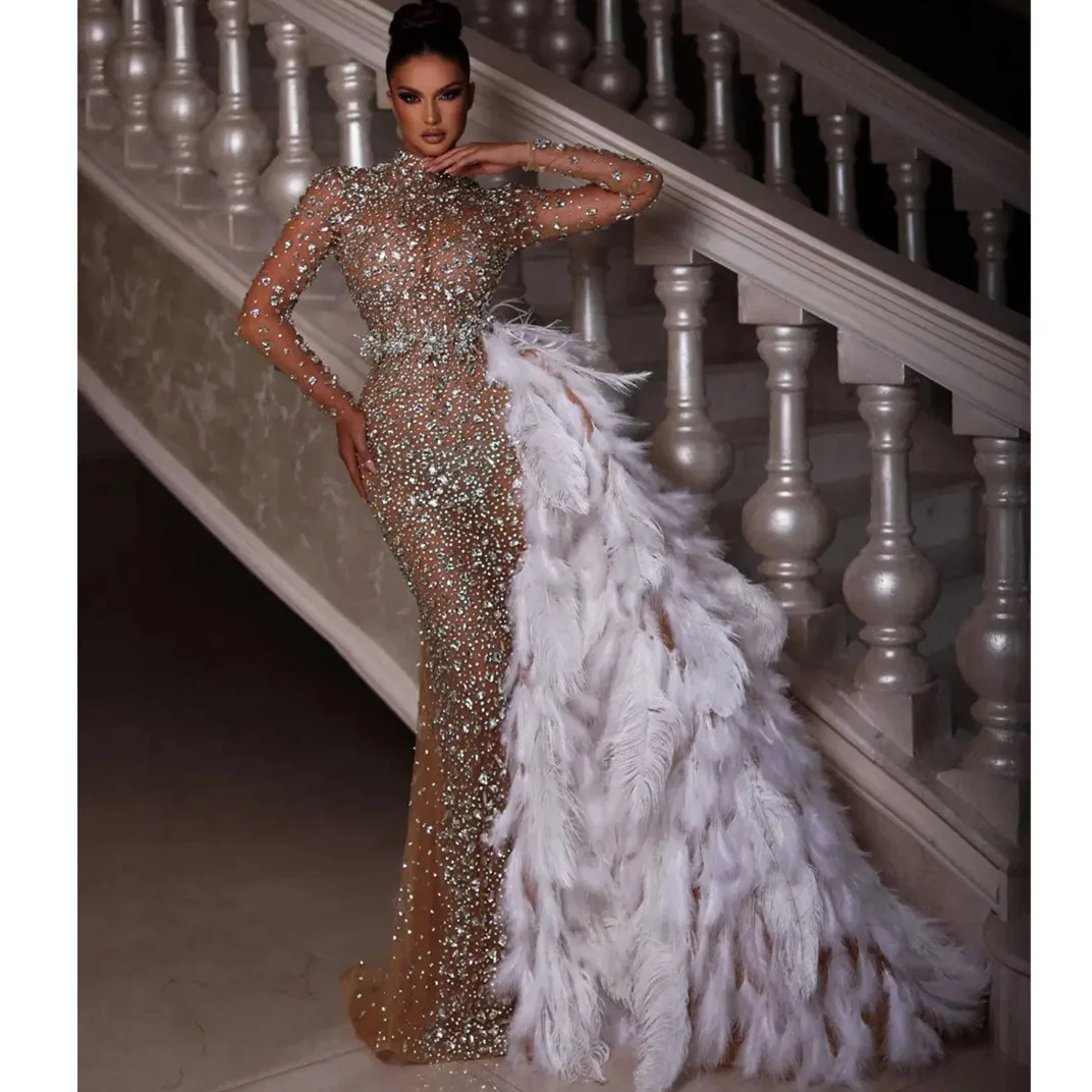 Sexy Mermaid Evening Dresses Long Sleeves High Neck Sequins Beads Crystals Appliques Hollow Feather Prom Dresses Custom Made