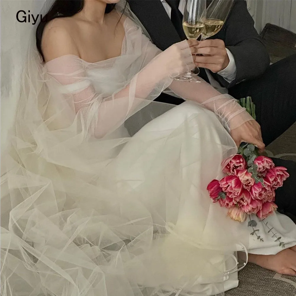 

Giyu Fairy Tulle Korea Wedding Dress Photoshoot Off The Shoulder Floor-length Full Sleeves 웨딩드레스 Evening Dress Bridal Gown