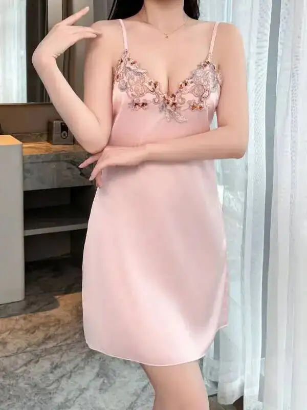 Novo verão feminino cinta de seda gelo camisola com renda colorida bordado cetim sexy puro desejo vestido sem mangas encantador uu3e