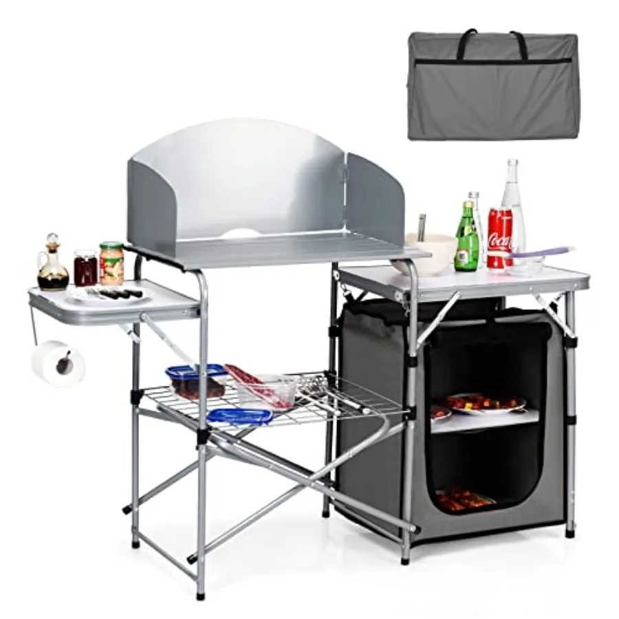 

Folding Grill Table with 26'' Tabletop and Detachable Windscreen, Aluminum Portable Camp Cook Station Carry Bag Quick Set-up, B