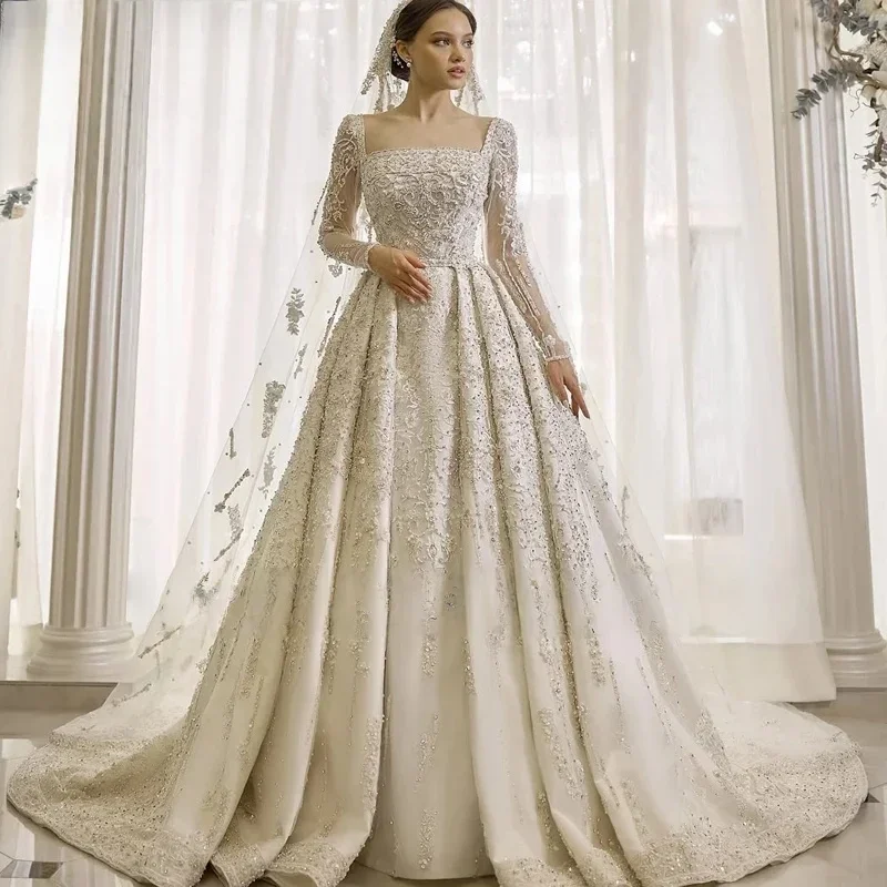 

Customized Heavy Beaded Crystals Luxury Wedding Dress Lace Appliques Sequins Brides Dresses Formal Gowns Vestido De Novia