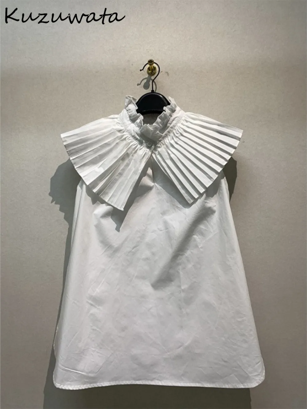 

Kuzuwata French Style New Moda Slim Crop Top All-match Pleated Patchwork Pullover Blusas Japan Casual Solid Short Elegant Shirts