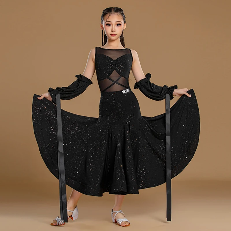 

Shiny Ballroom Dance Dress Girls Black Sleeveless Dancing Suit Social Standard Performance Outfit Waltz Modern Dancewear 3548