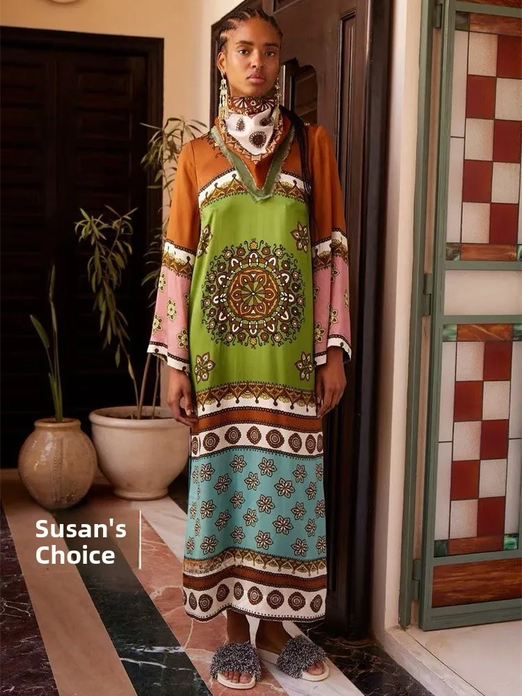 

Susan Australian Faion Court Sle круглый Ne Silk Loose Long Sve Color Blo Print Dr Женская праздничная одежда лето 2025 г.