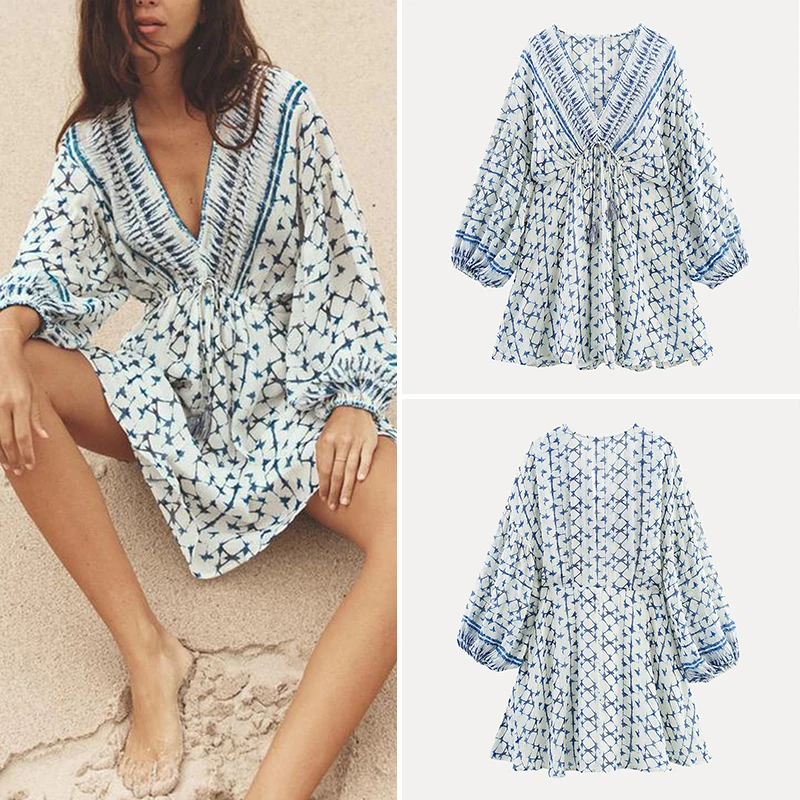 Ele Metal Color Print Dr Summer 2025 Women's Faion Casual Long Sve V-Ne Polyester Fiber Single Piece Z